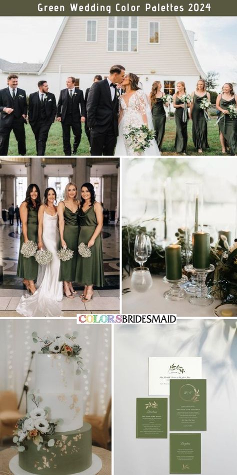 Fall Olive Green Wedding, Christian Wedding Theme Color Palettes, Green Olive Bridesmaid Dresses, Summer Green Wedding Colors, White And Olive Green Wedding, Brown And Green Wedding Theme, Black Groom And Groomsmen, Sage Green Fall Wedding, Green Wedding Cakes