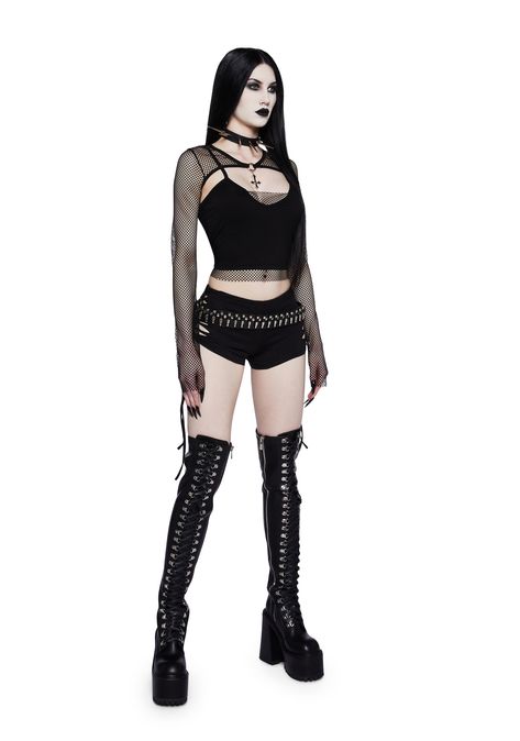 cuz you’re a band tour babe. This set has a stretchy fishnet construction, a shrug with o-ring hardware, a cross charm, and a cami top with adjustable shoulder straps and fishnet lining. Japanese Punk Fashion, Alt Dresses, Heavy Metal Lover, Butterfly Boots, Japanese Punk, Metal Outfit, Iridescent Butterfly, Goth Fits, Gothic Punk Fashion