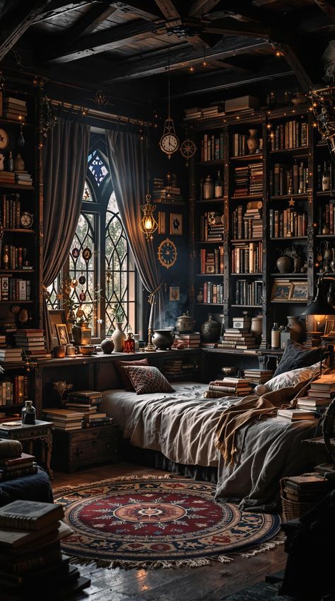 Enchanted Bedroom Ideas Room Ideas Fantasy Aesthetic, Vintage Fairytale Bedroom, Dark Fantasy Room Aesthetic, Cozy Fantasy Room, Witch Cottage Bedroom, Magic Bedroom Aesthetic, Witchy Craft Room, Fantasy Bedroom Design, Dark Moody Rooms