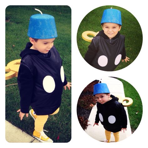 Halloween kids costume. Mario Brothers bomb. Mario Nabbit Costume, Bobomb Mario Costume, Kamek From Super Mario Costume, Diy Mario Brothers Costumes, Super Mario Brothers Costumes, Halloween Brothers Costumes, Mario Star Costume, Super Mario Halloween Costumes, Costume With Overalls