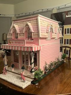 Brimble's Mercantile by Greenleaf Wood Roof Structure, Exterior Staircase, Best Doll House, Striped Awning, Making Boxes, Days Till Halloween, Tongue Depressors, Miniature Dollhouses, Pink Dollhouse