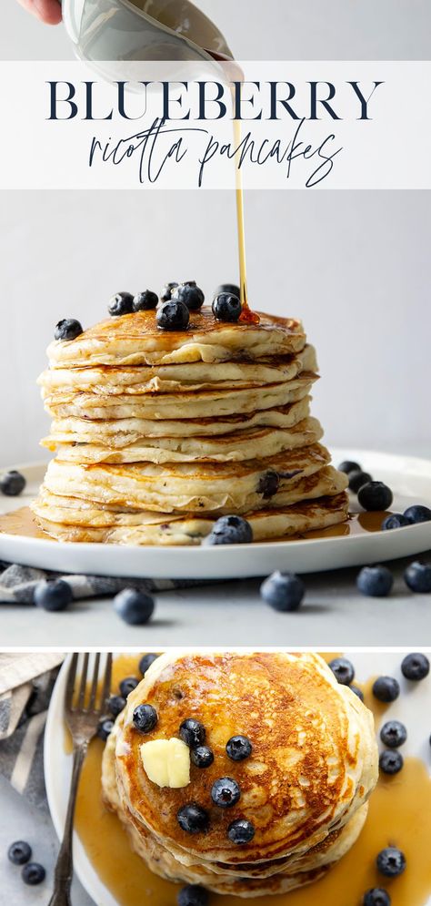 Ricotta cheese makes these blueberry ricotta pancakes unbelievably melt-in-your mouth light and fluffy. Better than your favorite brunch place and so easy to make at home! Blueberry Ricotta Pancakes, Blueberry Ricotta, Brunch At Home, Blueberry Pancakes Recipe, Ricotta Pancakes, Pancake Recipes, Breakfast Goodies, Blueberry Pancakes, Weekend Breakfast