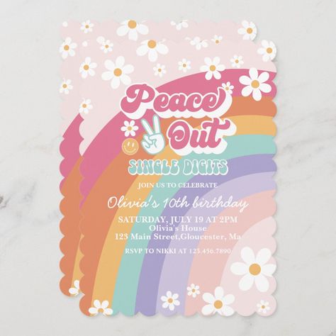 Planning a spectacular celebration? Our 10th Birthday Invitations are perfect for your special event! Invite your guests in style with our unique designs. #10thbirthday #birthdayinvitations #partyplanning #eventstationery #celebration #uniqueinvitations #customdesigns #birthdaybash #milestonebirthday #specialoccasion Peace Out Twenties Birthday, Piece Out Single Digits Party, Peace Out Party Theme, Peace Out Single Digits Im 10, Girls 10th Birthday Party Themes, Peace Out Party, 10th Birthday Party Themes, 10th Birthday Girl Themes, 10 Birthday Party Girl Ideas