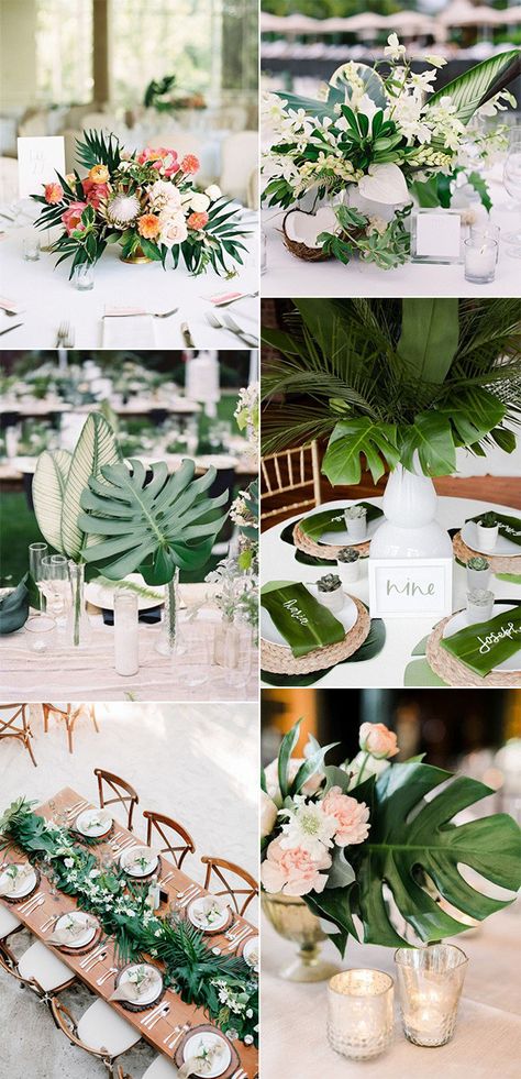 Monstera Leaves Wedding Decor, Wedding Hawaiian Theme, Aloha Wedding Theme, Island Theme Wedding Decor, Ibiza Theme Wedding, Green Tropical Wedding Theme, Classy Tropical Bridal Shower Ideas, Wedding Decoration Tropical, Hawaiian Wedding Theme Decoration