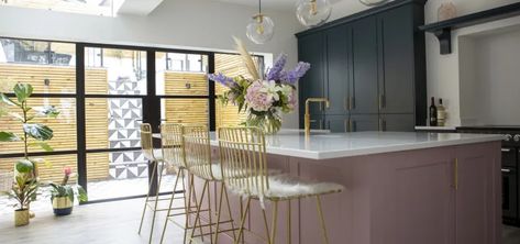 Pink Navy Kitchen, Pink And Navy Kitchen, Blue Shaker Kitchen, Diner Ideas, Navy Blue Kitchen, Navy Kitchen, Fitted Kitchens, Bespoke Kitchen Design, Kitchen Designer