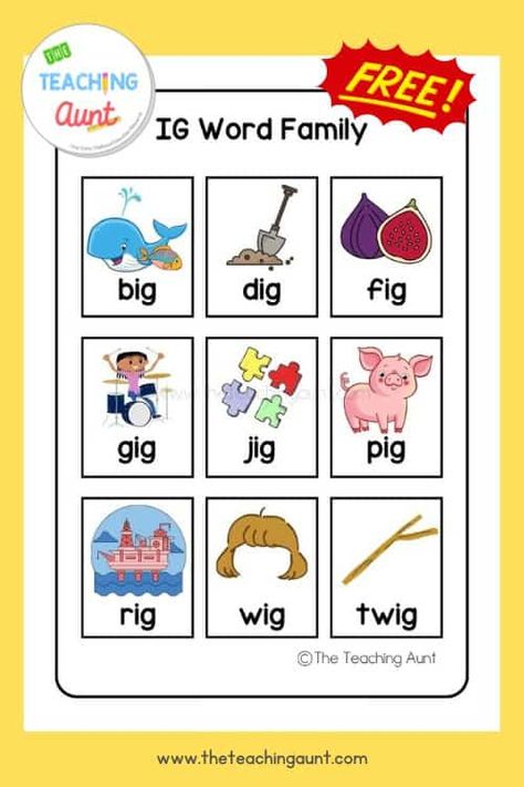 IG Word Family List - The Teaching Aunt Ig Family Words, Ig Words, Ig Word Family, Word Family List, Words Family, Family Words, Cvc Worksheets, Word Family, Word Families