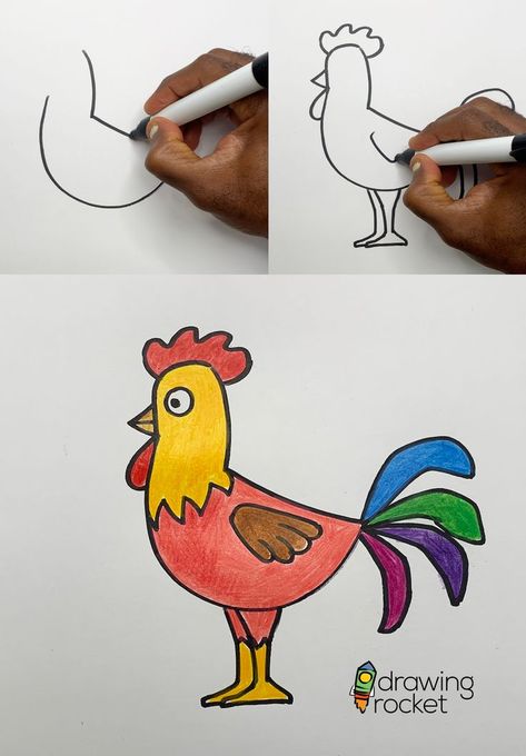 How to draw and color a rooster! This easy drawing is to help young illustrators learn how to draw. #roosterdrawing #rooster #cuterooster #drawarooster #chickenart #farmrooster Roster Drawings, Rooster Drawing Simple, Rooster Drawing, Directed Drawing, Rooster Art, Chicken Art, Welcome To My Page, Easy Drawing, Learn How To Draw