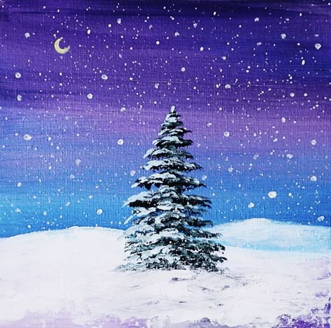 Acrylic Painting Tutorial For Beginners #39 Winter Night Acrylic Painting, Snow Landscape Painting Winter Scenes, Aesthetic Christmas Cartoon, Winter Landscape Painting Acrylic Easy Tutorial, Easy Snow Painting, Christmas Scenery Paintings Easy, Snow Painting Easy, Winter Landscape Painting Easy, Winter Sky Painting