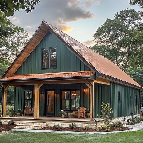 Green House With Copper Roof, Metal House Color Schemes, Forest Green Barndominium, Green Metal House, Green Barndominium Exterior, Caddy 4motion, Brown Metal Roof, Copper Roof House, Rustic Home Exterior