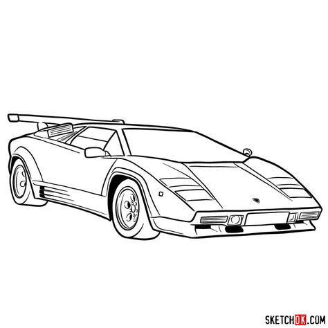 Lamborghini Countach Tattoo, Cartoon Cars Drawing Simple, Lamborghini Countach Drawing, Easy Drawings Car, Lamborghini Drawing Easy, Lamborghini Tattoo, Super Car Drawing, Car Drawings Easy, Lamborghini Drawing