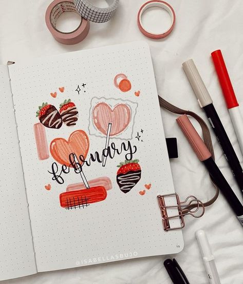 February Journal Cover Page, February Reading Journal, February Bujo Theme, February Planner Ideas, February Journal Ideas, Strawberry Bullet Journal, February Bujo Cover, February Bullet Journal Cover, Bujo February