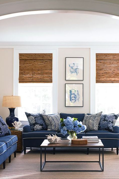 family room with blue sofa Blinds And Curtains Living Room, Blue Couch Living, Blue Sofa Living, Blue Sofas Living Room, Blue Couch Living Room, Kid Decor, Blue Living Room Decor, Living Room Blinds, Blue Couches