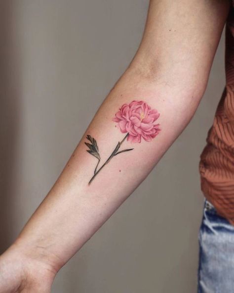 Pink Peony Tattoo by Cindy van Schie Daisy Tatoos, Pink Peony Tattoo, Botanisches Tattoo, Botanical Tattoo Design, Peony Flower Tattoos, Carnation Tattoo, Peony Tattoo, Beautiful Flower Tattoos, Peonies Tattoo