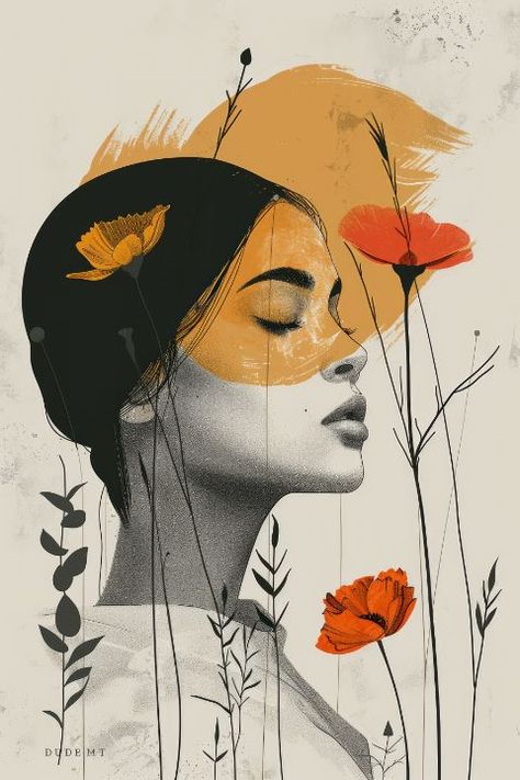 The Flower Woman - Enea Kelo Women With Flowers Drawing, Spa Mural, Woman Flower Illustration, Woman With Flowers Painting, Woman With Flower Head Drawing, Portrait With Flowers, Painting Woman Flowers Head, Painting Of Woman, Hair Vector