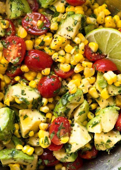 Close up of Corn Salad with Avocado with a Lime dressing Corn Salad With Avocado, Salad With Honey Lime Dressing, Corn Avocado, Honey Lime Dressing, Corn Avocado Salad, Avocado Dessert, Avocado Brownies, Salad With Avocado, Corn Salad Recipes