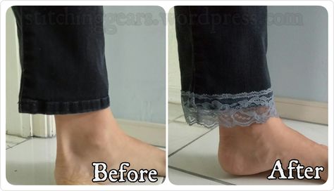 Stitching Gears: Lengthening pants with lace How To Lengthen Pants That Are Too Short, Lengthen Pants, Lengthen Dress, Pants With Lace, Fleece Hats, Lace Diy, Upcycling Ideas, Clothes Sewing, Scarf Headband