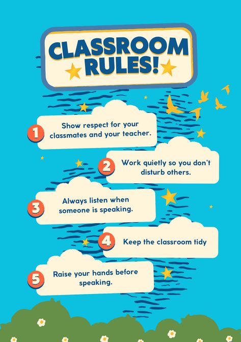 Here is your creative and fun classroom poster that showcases 5 essential classroom rules. Perfect for primary and elementary school teachers looking to set clear expectations for their students # Classroomrules #Schoolposter #Primaryschoolresources #Educationalposters #Classroomdecor #Classroommanagement #Classroometiquette #Backtoschool Classroom Rules Elementary School, Classroom Rules Design, Classroom Rules Poster Elementary, Classroom Rules Printable Posters, Elementary Classroom Rules, Classroom Etiquette, Teacher Expectations, Classroom Rules Printable, Class Expectations