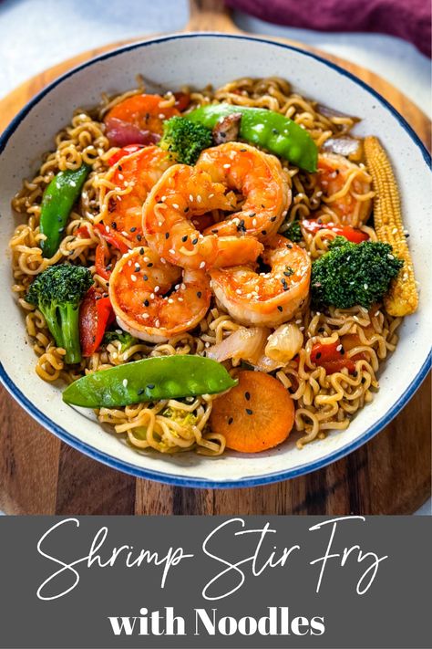 This Shrimp Stir Fry With Noodles recipe is a quick and easy recipe with succulent shrimp, crisp veggies, and perfectly cooked noodles tossed in a savory sauce. This dish is perfect for busy weeknights or when you need to switch up your routine with an easy meal. Shrimp Ramen Stir Fry, Shrimp Stir Fry With Noodles, Shrimp Noodle Stir Fry, Asian Noodles Stir Fry, Stir Fry With Noodles, Ninja Combi, Stir Fry With Egg, Stir Fry Shrimp Recipes, Stir Fry Wok