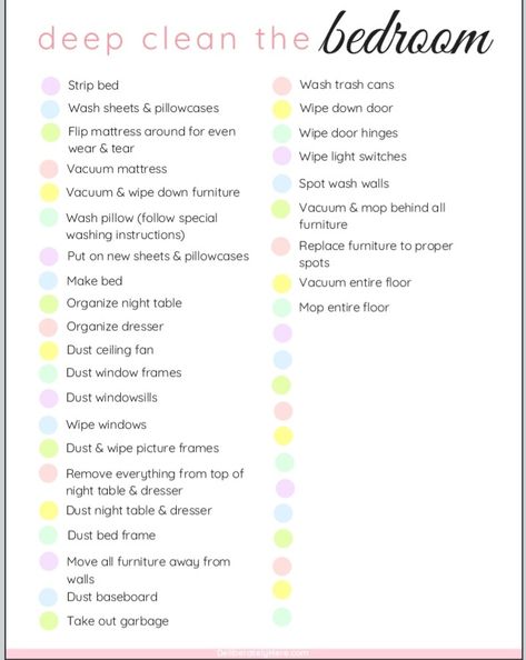 Deep Clean Checklist, Deep Cleaning Lists, Bedroom Cleaning Checklist, Clean Room Motivation, Clean Room Checklist, Room Cleaning Tips, School Routine For Teens, Room Checklist, Deep Cleaning Checklist