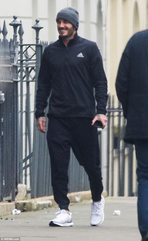 He's still got it! David Beckham did well to show off his athletic form as he stepped out ... David Beckham Outfit, David Beckham Style Outfits, David Beckham Style, Beckham Style, Sportswear Outfits, Black Tracksuit, Athleisure Men, Boost Shoes, Joggers Outfit