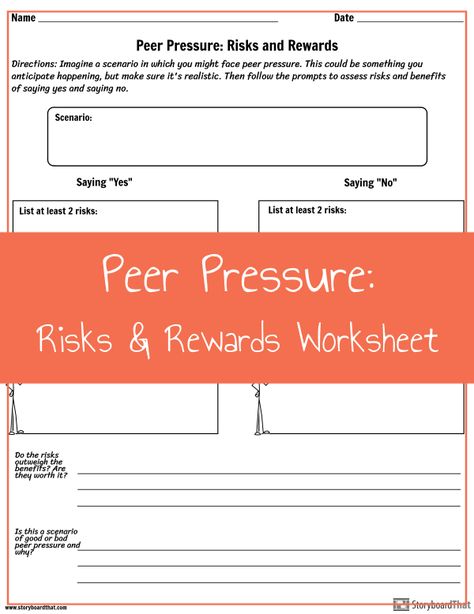 Help students assess the risks and rewards of giving into both negative and positive peer pressure with this worksheet! Customize as desired or use as is, and have students check back on their decisions later in the year! Peer Pressure Activities, Peer Group, Risk Reward, Life Skills Lessons, Leadership Lessons, Peer Pressure, Group Therapy, Therapy Worksheets, Business Presentation