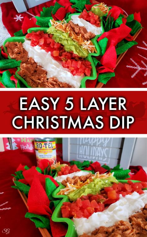 Christmas 7 Layer Dip, Vegetable Appetizers For Party Christmas, Easy Christmas Dips For A Party, Christmas Taco Dip, Seven Layer Dip Recipe, Christmas Dips For Parties, Party Food Entrees, Christmas Dips, 5 Layer Bean Dip