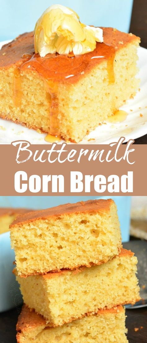 Buttermilk Cornbread is a delicious, simple bread option to serve with dinner. This buttermilk cornbread is soft and moist on the inside with a little crunch on the top. Cornbread is made with buttermilk and slightly sweetened with honey and sugar. Cornbread Buttermilk, Easy Buttermilk Cornbread, Buttermilk Cornbread Recipe, Homemade Buttermilk Cornbread, Cornbread Cake, Cornbread Recipe Sweet, Simple Bread, Moist Cornbread, Buttermilk Bread