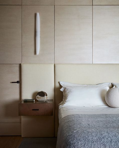 Tour a Pierre Yovanovitch-Designed Manhattan Masterwork | Architectural Digest Bed Sconces Modern, Bedroom With Upholstered Headboard, Panel Walls, Headboard Wood, Wooden Daybed, Pierre Yovanovitch, Small Table Lamp, Night Table, Master Bedrooms