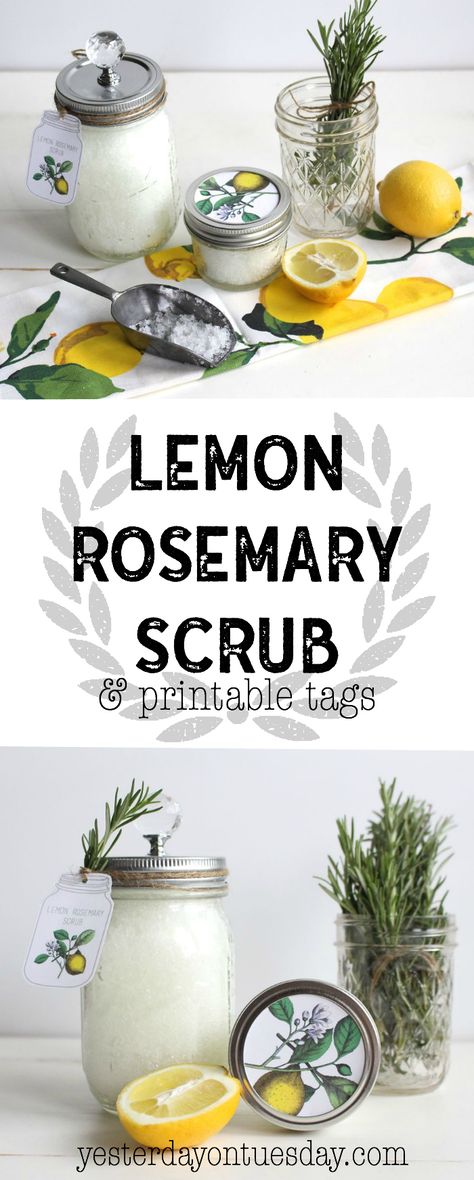 Lemon Scrub Recipe, Diy Gifts In A Jar, Salt Scrub Recipe, Bath Soak Recipe, Lemon Scrub, Mason Jar Tags, Christmas Mason Jars Diy, Jar Tags, Lemon Rosemary