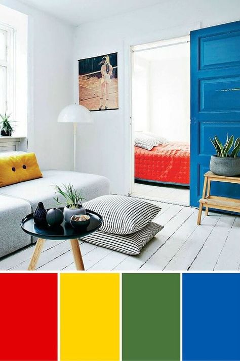 red yellow and blue interior design primary colours interior design Blue And Yellow Interior, Blue Yellow Interior, Yellow Interior Design, Colours Bedroom, Color Scheme Inspiration, Blue And Yellow Living Room, Yellow Decor Living Room, Blue Interior Design, Yellow Colour Scheme