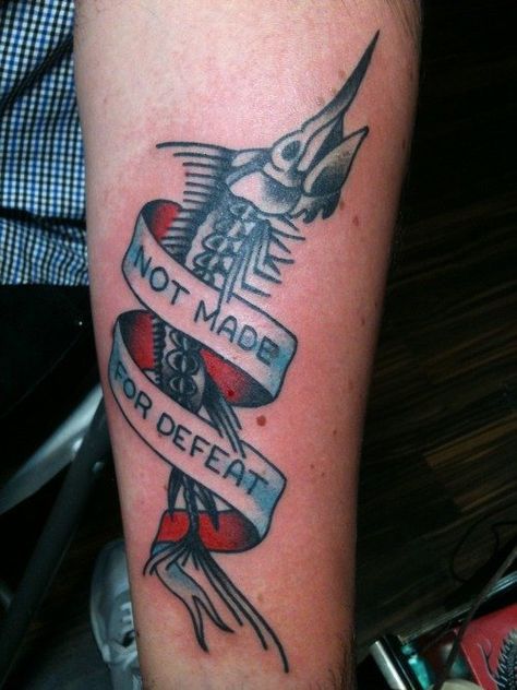 Ernest Hemingway’s The Old Man and the Sea was the inspiration for this amazing tattoo. #InkedMagazine #fish #tattoo #tattoos #Inked #ink #quote #literature Hemingway Tattoo, Straight Edge Tattoo, Edge Tattoo, Writer Tattoo, No Tattoos, Literary Tattoos, Sea Tattoo, Inked Magazine, Mountain Tattoo