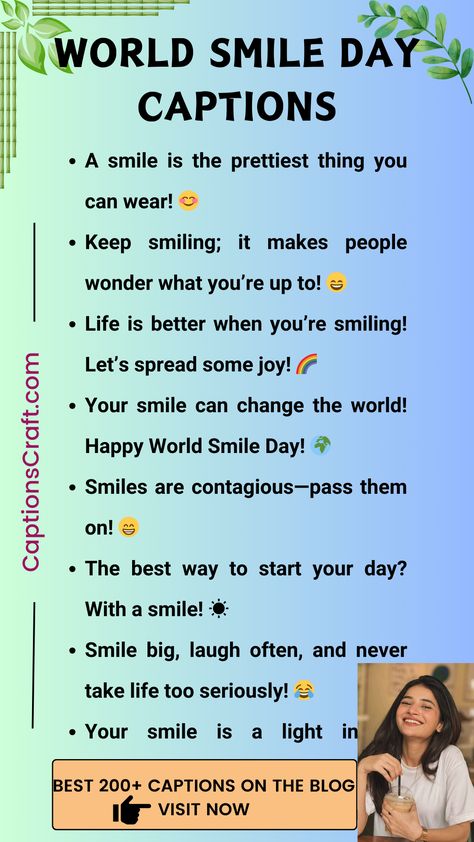 Let’s celebrate World Smile Day by sharing joy and positivity! These captions are perfect for brightening your feed and reminding everyone of the power of a smile. Save this post and follow for more uplifting content that’ll inspire kindness and happiness. Use these cheerful words to connect with your friends and spread some good vibes. Share your favorite smiles and tag those who make you smile every day! #WorldSmileDay #SpreadJoy Day Captions, World Smile Day, Smile Day, Keep Smiling, You Smile, Change The World, Make You Smile, Follow For More, Good Vibes