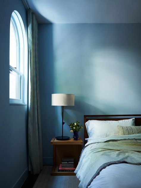 Once Upon a Time, This Sunny Brooklyn Heights Home Was a Stable Dreamy Blue Bedroom, Light Blue Ceiling Bedroom, Blue Wall Apartment, French Blue Bedroom Ideas, Blue Painted Room, Bright Blue Bedroom, Cozy Blue Bedroom, Light Blue Room, London House Interior