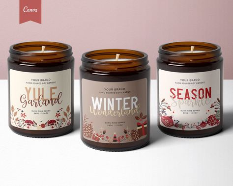 SEASONAL & CHRISTMAS inspired, FULLY EDITABLE branded Candle Labels for your small business. Great for those WINTER vibes. Personalise your brand easily, by using a template and adding in all your details. Change the color, font, text, add in your logo, then print at home or online! What do you get? 3 x SEASONAL / Christmas INSPIRED DESIGNED, Editable Candle Labels - 3 x 3" - 3.5 x 2" Fully editable in CANVA.com BONUS - Editing and Printing Guide This is a digital listing only. No physical produ Christmas Candle Packaging Design, Candle Labela, Holiday Candle Labels, Candel Design Label, Christmas Candle Label Design, Christmas Candle Labels, Labels For Candles, Candle Booth Display, Small Candle Business