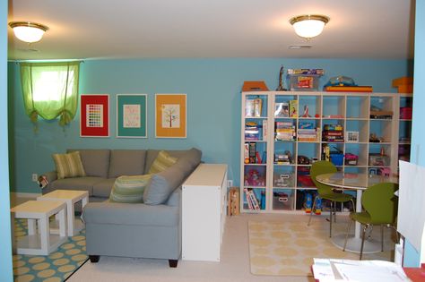 fun family room | Fun and Functional Family Playroom | A Decorator's Journey Kid Friendly Family Room, Ikea Kids Playroom, Family Room Playroom, Trofast Ikea, Ikea Playroom, Preschool Room, Living Room Playroom, Daycare Room, Basement Playroom