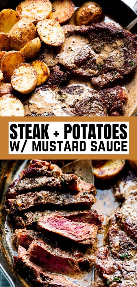 On Pan Dutch Oven Steak and Potatoes with Mustard Sauce is an easy, filling recipe.  Steak with pan sauce is perfect for romantic night or just when you want to cook to impress! This is fancy but it's also casual and quick enough for a weeknight dinner. Steak And Mini Potatoes, Oven Steak And Potatoes, Steak And Sweet Potato Dinners, Steak In Dutch Oven, Dutch Oven Steak Recipes, Dutch Oven Steak, Steak And Potatoes Recipes, Oven Steak Recipes, Oven Steak