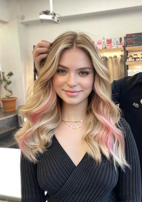 Subtle Pink Streaks In Hair, Blonde Hair With Color Ideas Dyes, Pink Peekaboos In Blonde Hair, Subtle Colorful Hair Blonde, Strawberry Blond And Pink Hair, Blonde Hair With Pink Front Pieces, Blonde Hair With Accent Color, Light Pink Underneath Hair Blonde, Blonde Hair With A Pink Streak