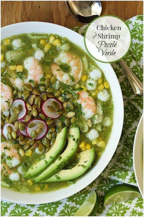 Light, healthy and crazy delicious, this Shrimp and Chicken Pozolé Verde is easy enough for everyday dinners, but it's also great for entertaining! #pozoleverde #mexicanstew Rosemary Flatbread, Flatbread Crackers, Shrimp And Chicken, Pozole Verde, Everyday Dinners, Mexican Stew, Salsa Recipes, Lemon Rosemary, Chicken And Shrimp