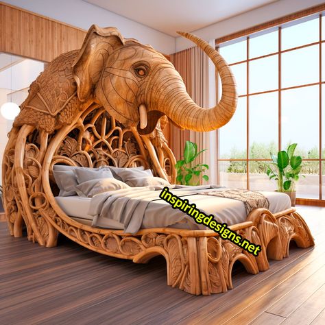 These Oversized Animal Shaped Beds Will Make You Feel Like You’re Sleeping in the Wild – Inspiring Designs Animal Furniture Design, Unique Wooden Bed Design, Unusual Beds Unique, Elephant Bedroom Ideas, Unusual Wooden Beds, Creative Bedroom Designs, Massive Wood Bed, Wood Bed Carved, Fantasy Bed