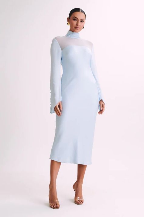 Shop Midi Dresses for Sale Online | MESHKI US Sleeved Wedding Guest Dress, Abbey Abominable, Powder Blue Bridesmaid Dress, Midi Dress Layering, Cold Wedding, Minimal Dresses, Powder Blue Dress, Meshki Dresses, High Turtleneck