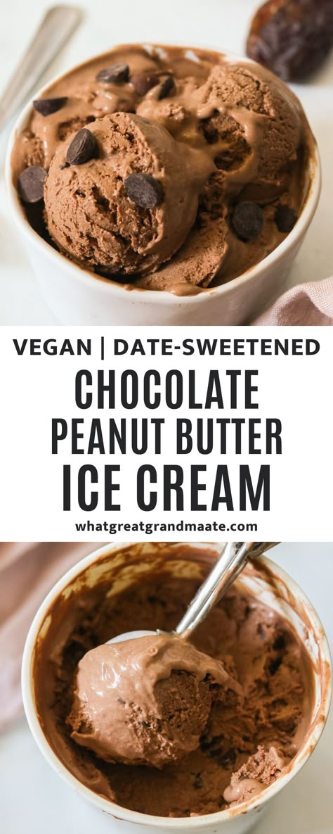 This vegan chocolate peanut butter ice cream is made healthier and naturally sweetened with dates, but comes out so creamy and decadent! It's a crowd favorite flavor that is so easy to make. Vegan Chocolate Peanut Butter, Chocolate Peanut Butter Ice Cream, Mediterranean Desserts, Homemade Chocolate Ice Cream, Paleo Dessert Recipes, Ice Cream Vegan, Butter Ice Cream, Vegan Summer Recipes, Peanut Butter Ice Cream