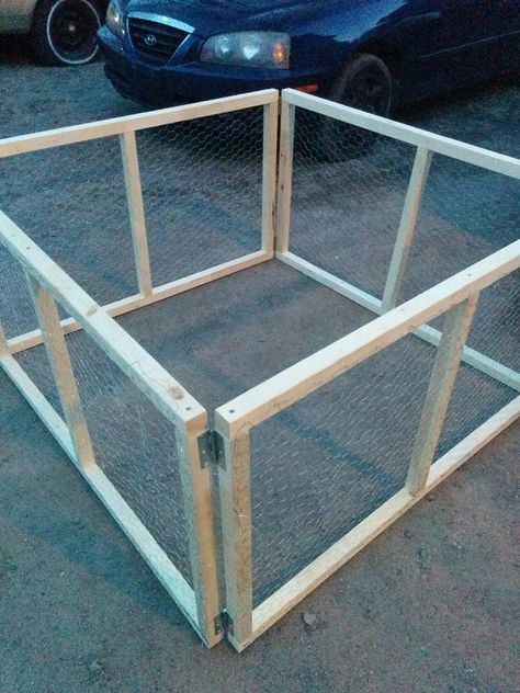 DIY folding animal pen 2x2's 2x3's Chicken wire 4 hinges 2 hook & eye locks 2½" screws Dimensions 4ft x 4ft 2ft high Diy Dog Playpen, Diy Dog Pen, Diy Bunny Cage, Rabbit Pen, Rabbit Enclosure, Puppy Pens, Indoor Dog Kennel, Diy Dog Crate, Pet Bunny Rabbits