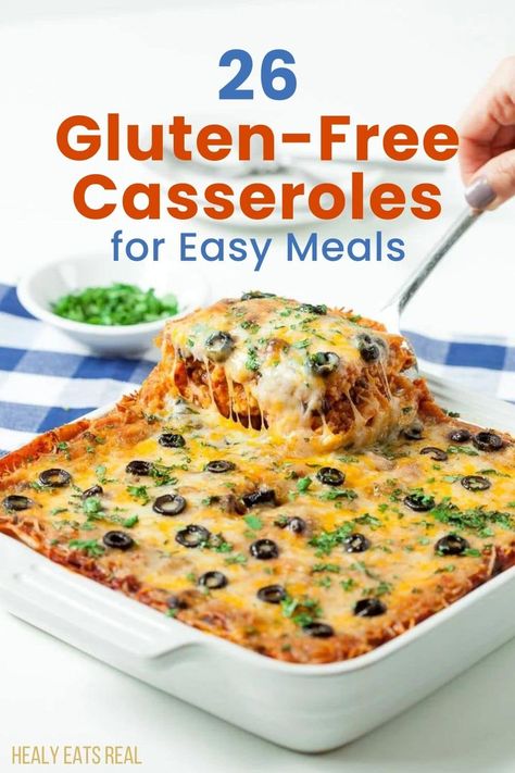 A hand lifts a cheesy slice of casserole from a dish in this image titled "26 Gluten-Free Casserole Recipes for Easy Meals." A plate of chopped greens is visible in the background. Gluten Free Meals For Picky Eaters, Gluten Free Casseroles, Easy Gluten Free Meals, Gluten Free Casserole Recipes, Gluten Free Entertaining, Peanut Free Desserts, Easy Delicious Meals, Real Posts, Gluten Free Casserole