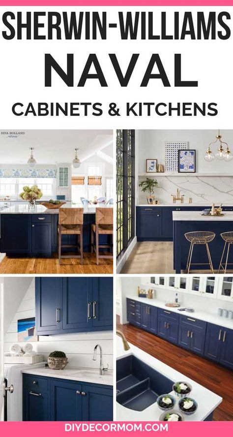 IN LOVE with these Sherwin-Williams Naval cabinets and kitchen islands! See everything you need to know about painting your kitchen island dark navy blue like SW Naval 6244, plus exterior pics, accent walls, SW Naval Front doors, and color palette! Even see SW Naval vs. Hale Navy! #swnaval #sherwinwilliams #navy #navypaint #diydecormom Naval Sherwin Williams Kitchen, Farmhouse Kitchen With Navy Cabinets, Navy Gold White Kitchen, Sherwin Williams Blue Kitchen Island, Navy Bottom Cabinets White Top, Hale Navy Kitchen Island, Navy Blue Cabinets With Black Hardware, Sherwin Williams Hale Navy Cabinets, Best Navy Paint For Cabinets