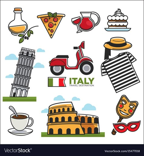 Italy Symbols Drawing, Italy Traditions, Italy Symbols, Italian Symbols, Italy Illustration, Around The World Theme, Italian Party, Geography For Kids, Italian Theme