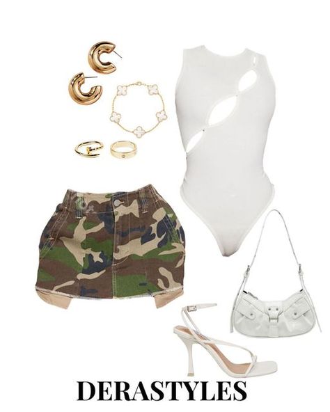 Gold Outfits For Women Casual, Camo Skirt Outfit Baddie, Summer Polyvore Outfits, Camo Mini Skirt Outfit, Camo Skirt Outfit Black Women, Camo Outfits For Women, Camo Skirt Outfit, Camo Outfit, Mini Skirt Outfit Black Women