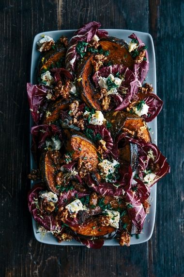 Roasted Pumpkin with Radicchio, Honey Toasted Walnuts & Warm Honey Dressing Winter Sides, Roasted Pumpkin Salad, Roast Pumpkin Salad, Spiced Walnuts, Fall Dinners, Honey Dressing, Cheese Alternatives, Pumpkin Salad, Radicchio Salad