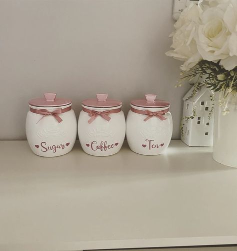 Pink Tea Coffee Sugar Jars with Labels & Ribbon Trim Tea Coffee Sugar Jars, Sugar Biscuits, Kilner Jars, Coffee Jars, Pretty Ribbon, Sugar Jar, Satin Ribbon Bow, Pink Tea, Pink Set