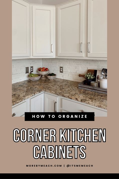 Top Kitchen Corner Cabinet Ideas, Corner Spice Cabinet Organization, Corner Cabinet Remodel, Kitchen Cupboard Corner Ideas, Kitchen Counter Corner Organization, Upper Corner Cupboard Storage Solutions, Angled Upper Corner Kitchen Cabinet, Organizing Deep Corner Cabinets, Corner Upper Cabinet Organization