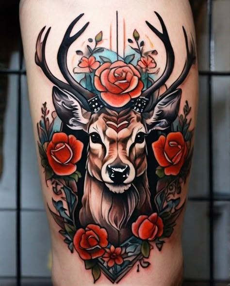 Deer Woman Tattoo, Neo Traditional Deer Tattoo, Traditional Elk Tattoo, Buck And Doe Tattoo, Traditional Deer Tattoo, Deer Tattoos For Women, Stag Tattoo Design, Buck Tattoo, Elk Tattoo